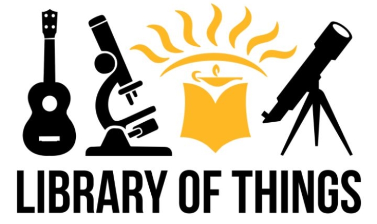 Graphic icons of a guitar, microscope and a telescope are incorporated into elements of the Cromaine logo, with the text "Library of Things".